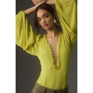 Anthropologie  Ruffle Bodysuit Lime Green  Deep V Women’s Boho Long Sleeve Small